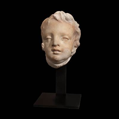 A white marble children's head, Italy, 17th century (27 cm high, 20 cm wide, 20 cm deep) (11 in. high, 8 in. wide, 8 in. deep) on a metal basement  (41 cm total height) (16 in. total height)