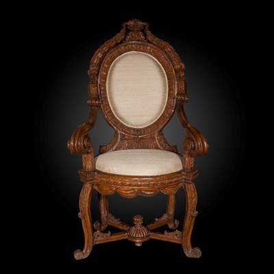 An important ceremonial walnut armchair, Venice, Italy, late 17th century (144 cm high, 80 cm wide, 72 cm deep) (57 in. high, 31 in. wide, 28 in. deep)