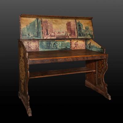 An exceptional lawyer painted desk, decoration with Venetian views, Venice, Italy, 17th century, museum quality (146 cm wide, 108 cm high, 62 cm deep) (57 in. wide, 43 in. high, 24 in. deep)