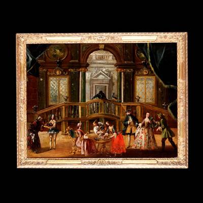 Huile sur toile, intérieur de palais vénitien animé de personnages, Ecole vénitienne du XVIIIème, entourage de Pietro Longhi, dans un cadre en bois sculpté et doré XVIIIème (avec cadre : 120 cm x 95 cm)