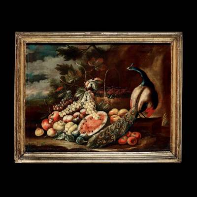 Paire d'huiles sur toile, natures mortes aux fruits et volatiles sur fond de paysages boisés, Ecole napolitaine du XVIIIème dans des cadres en bois sculpté et argenté du XVIIIème (avec cadre : 113 cm x 87 cm)