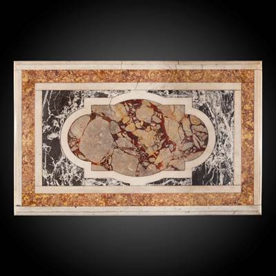 A marble top (Breccia, Broccatello, Grand Antico e Bianco di Carrara), Italy, 17th century, on an iron basement (top : 144 cm x 71 cm, basement : 52 cm high) (top : 57 in. x 28 in., basement : 20 in. high)