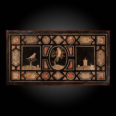 A rare scagliola top with a decoration of birds and tower, Tuscany, 18th century, on a walnut table basement (scagliola : 116 cm x 59 cm, basement : 120 cm x 64 cm, 79 cm high) (scagliola : 46 in. x 23 in., basement : 47 in. x 25 in., 31 in. high)