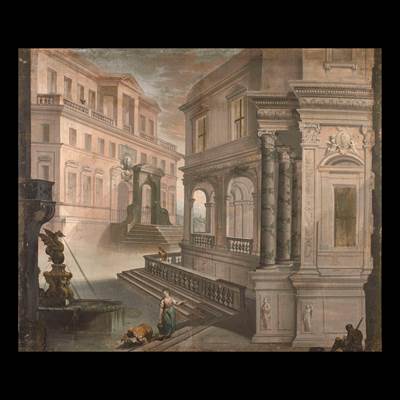 Capriccio architettonico, tempera su tela a decoro di fontana in primo piano e palazzi con personaggi, Italia, circa 1800 (larghezza 194 cm, altezza 164 cm)