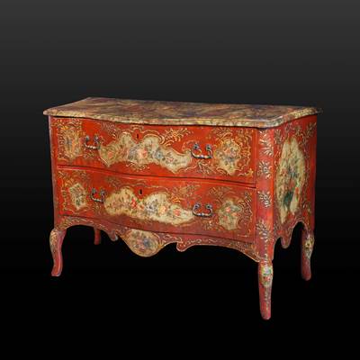 A 2 drawers painted chest, decoration with flowers and birds, the top painted like marble, Sicily, Italy, middle of 18th century (144 cm wide, 92 cm high, 63 cm deep) (57 in. wide, 3 ft high, 25 in. deep)