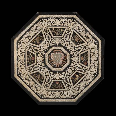 An exceptional octagonale scagliola, on a lacquered basement, Carpi, Emilia-Romagna, Italy, 17th century (106 cm diameter, 67 cm high) (42 in. diameter, 26 in. high)