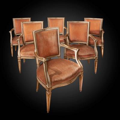 A set of 6 lacquered and gilded armchairs, Naples, Italy, late 18th century (90 cm high, 60 cm wide, 60 cm deep) (3 ft high, 2 ft wide, 2 ft deep)