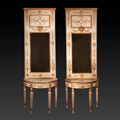 An important pair of demi-lune consoles with their mirrors, ivory lacquered and gilded wood, Naples, Italy, late 18th century (304 cm high, 104 cm wide, 53 cm deep) (10 ft high, 41 in. wide, 21 in. deep)