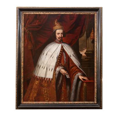 An oil on canvas, a ceremonial portrait of Bertuccio Valier or Valiero, the 102th Doge of Venice (1656-1658), Venetian school, middle of 17th century, with an ebonized frame, 17th century (160 cm x 130 cm, with the frame : 182 cm x 154 cm) (63 in. x 51 in., with the frame : 72 in. x 61 in.)