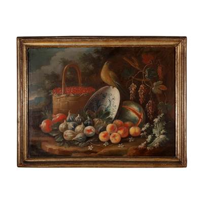 A pair of oils on canvas, still life paintings with fruits and birds, Neapolitan school, 18th century, with a gilded 18th century frame (with the frame : 113 cm x 87 cm). Attributed to Francesco Lavagna (1684-1724), a Neapolitan painter, specialist of still live paintings.