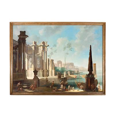 Très importante huile sur toile, caprice architectural animé de personnages, école vénitienne, XVIIIème (avec cadre largeur 219 cm, hauteur 166 cm), entourage de Francesco Chiarottini (1748 - 1796)