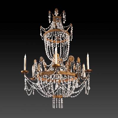 An exceptional gilded brass chandelier, 6 arms of light, Tuscany, Italy, early 19th century (160 cm high, 100 cm diameter) (63 in. high, 39 in. diameter)