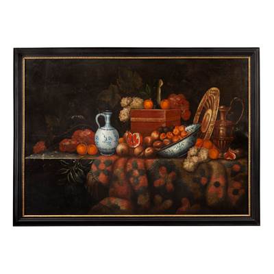 An important oil on canvas, a still life with fruits and carpet on a green marble top, Italian school, second part of 17th century (with the frame : 182 cm wide, 132 cm high) (with the frame : 6 ft wide, 52 in. high)