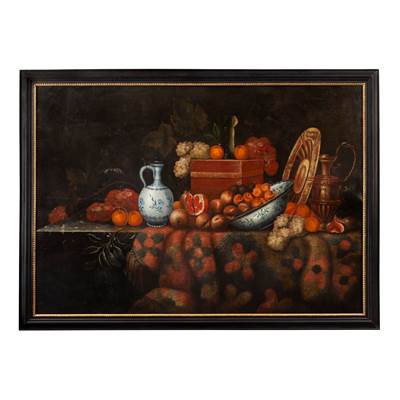 Importante huile sur toile, nature morte aux fruits et tapis sur plateau en marbre vert, école italienne, seconde moitié XVIIème (avec cadre : largeur 182 cm, hauteur 132 cm)