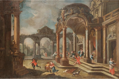 Importante huile sur toile, caprice architectural représentant la cour d'un palais animée de personnages, école italienne, XVIIème, attribuée à un suiveur de Viviano Codazzi (1603 - 1672), dans un cadre en bois doré du XVIIème (avec cadre 152 cm x 115 cm)