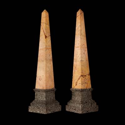 A pair of Numidia yellow marble obelisks, basement in green-grey granite, Rome, Italy, 19th century (74 cm high, basement : 17 cm x 17 cm) (29 in. high, basement : 7 in. x 7 in.)