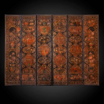 An important painted and gilded leather folding screen, 6 panels, Flanders, early 18th century (242 cm high, each panel : 53 cm wide, 318 cm total width) (95 in. high, each panel : 21 in. wide, 126 in. total width)