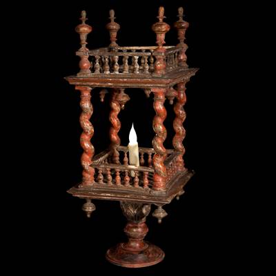 A red wood lacquered lantern, Venice, 17th century (70 cm high, 30 cm wide, 30 cm deep) (28 in. high, 12 in. wide, 12 in. deep)