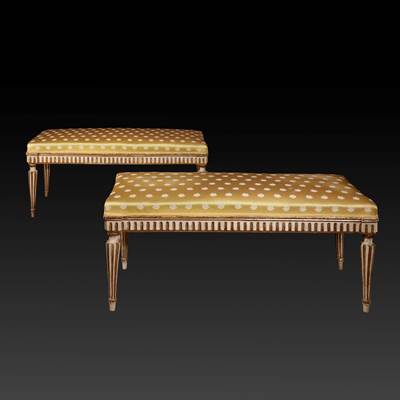 A rare pair of painted and gilded wood benches, Tuscany, Italy, late 18th century (100 cm wide, 45 cm high, 45 cm deep) (39 in. wide, 18 in. high, 18 in. deep)