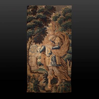 A fine tapestry panel, a man with an armor in a landscape, Aubusson, France, 17th century (2,40 meters high, 1,20 meter wide) (8 ft high, 4 ft wide)
