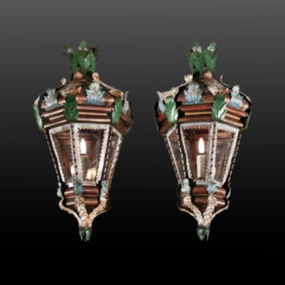 A pair of painted metal lanterns, Venice, Italy, late 19th century (50 cm high, 25 cm diameter) (20 in. high, 10 in. diameter)