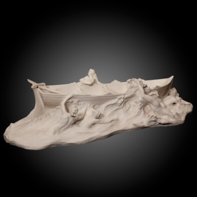 Biscuit de Sèvres représentant une barque entourée de naïades, signé P. Aubé, 1898 (longueur 66 cm, largeur 26 cm, hauteur 15 cm)