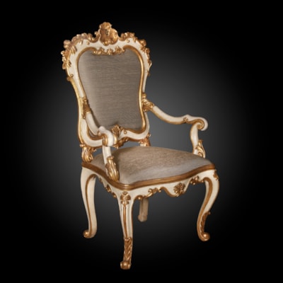 Fauteuil d'apparat en bois laqué et doré, Venise, XVIIIème (hauteur 125 cm, largeur 72 cm, profondeur 65 cm)