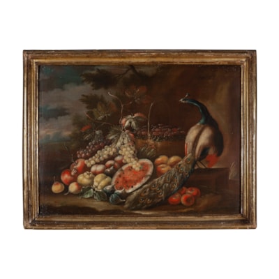 Paire d'huiles sur toile, natures mortes aux fruits et volatiles sur fond de paysages boisés, Ecole napolitaine du XVIIIème dans des cadres en bois sculpté et doré 