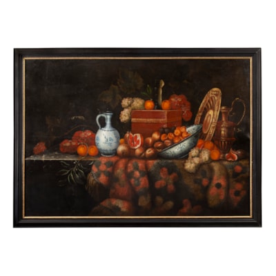Importante huile sur toile, nature morte aux fruits et tapis sur plateau en marbre vert, école italienne, seconde moitié XVIIème (avec cadre : largeur 182 cm, hauteur 132 cm)