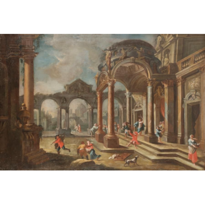 Importante huile sur toile, caprice architectural représentant la cour d'un palais animée de personnages, école italienne, XVIIème, attribuée à un suiveur de Viviano Codazzi (1603 - 1672), dans un cadre en bois doré du XVIIème (avec cadre 152 cm x 115 cm)