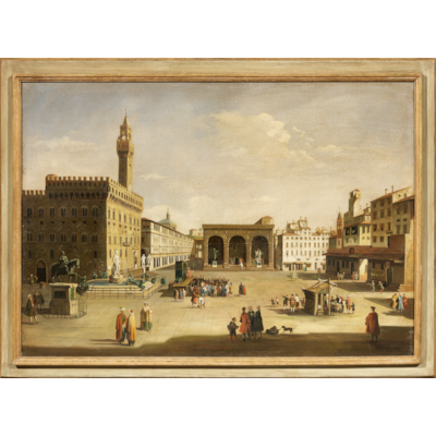 A rare oil on canvas, a view of the Piazza della Signoria in Florence with characters, the Palazzo Vecchio and the Loggia of Lanzi, Florentine school, 19th century (with the frame : 110 cm x 80 cm)
