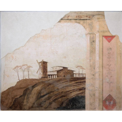 An important painted fragment fresco, a villa and a windmill in the Roman landscape, Italy, late 18th century (132 cm wide, 102 cm high) (52 in. wide, 40 in. high)