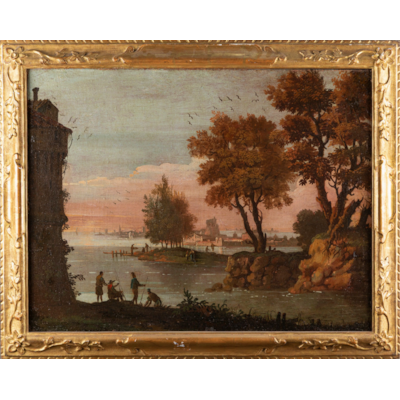 Olio su tela, veduta della laguna veneziana con personaggi in primo piano e architetture, Venezia, 18° secolo, in cornice veneziana coeva in legno intagliato e dorato (65 cm x 81 cm)