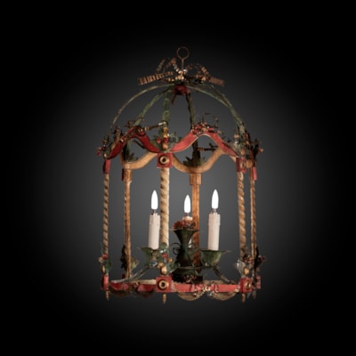 A painted iron hexagonal lantern, 3 lights, Italy, early 19th century (60 cm high, 40 cm diameter) (24 in. high, 16 in. diameter)
