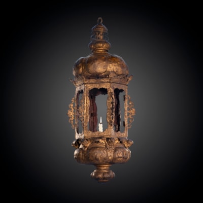 An important hexagonal gilded iron lantern, Venice, 17th century (100 cm high, 35 cm diameter) (39 in. high, 14 in. diameter)