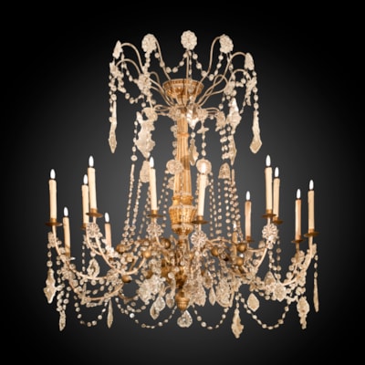 An ivory painted and gilded chandelier, 15 arms of light on 2 levels with gilded wood spheres, central part in carved wood, Genoa, Italy, late 18th century (130 cm high, 130 cm wide) (51 in. high, 51 in. wide)