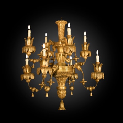Exceptionnel lustre de grotte en bois sculpté et doré à décor de têtes zoomorphes et bobèches richement feuillagées, 8 bras de lumière sur 2 niveaux, Venise, XVIIIème (hauteur 100 cm, diamètre 90 cm)