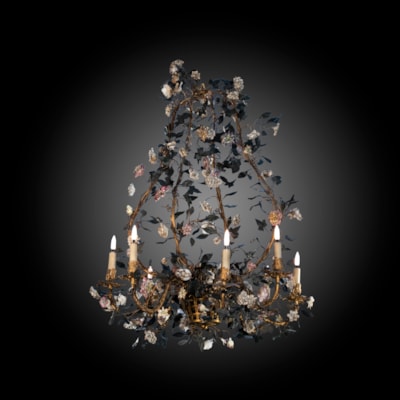A painted and gilded iron and brass chandelier, 8 arms of light, from a basket a decoration with leaves and fine porcelain flowers, north of Italy, early 19th century (85 cm high, 70 cm diameter) (33 in. high, 28 in. diameter) 