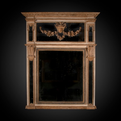 An important carved and painted mirror, North of Italy, late 18th century (169 cm high, 130 cm wide at the top, 123 cm wide at the bottom) (67 in. high, 51 in. wide at the top, 48 in. at the bottom)