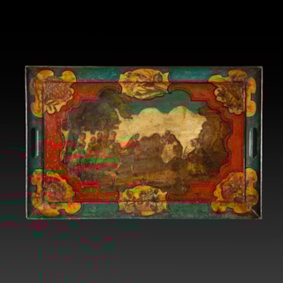 Plateau rectangulaire en bois peint à décor de personnages en arte povera, Venise, XVIIIème (59 cm x 39 cm)