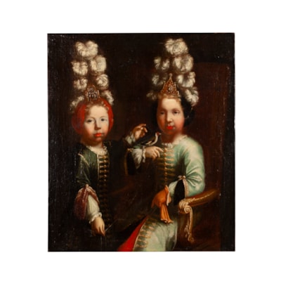 Huile sur toile représentant 2 enfants en habits princiers coiffés à l'oriental tenant un chardonneret, école italienne, fin XVIIème (83 cm x 71 cm)
