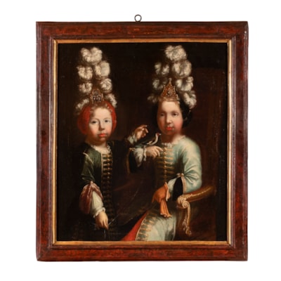 Huile sur toile représentant 2 enfants en habits princiers coiffés à l'oriental tenant un chardonneret, école vénitienne, fin XVIIème (avec son cadre d'origine : 86 cm x 97 cm)