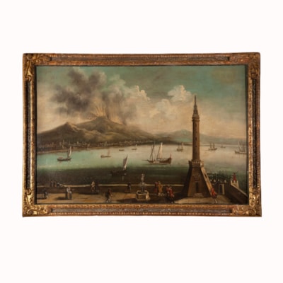 Oil on canvas, Vesuvius eruption viewing from Naples harbour pier (