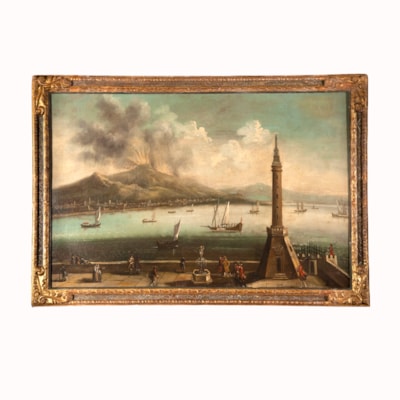 An oil on canvas, the Vesuvius eruption viewing from Naples harbour pier (