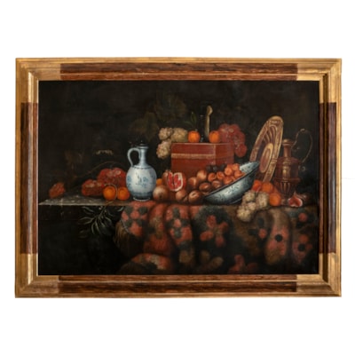 Imponente olio su tela, natura morta di frutta e tappeto su di un piano in marmo verde, scuola italiana, seconda metà 17° secolo (con cornice : larghezza 182 cm, altezza 132 cm), bottega di Francesco Noletti, detto Il Maltese (1611 - 1654)