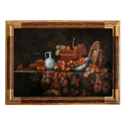 An important oil on canvas, a still life with fruits and carpet on a green marble top, Italian school, second part of 17th century (with the frame : 182 cm wide, 132 cm high) (with the frame : 6 ft wide, 52 in. high), worshop of Francesco Noletti, known as 