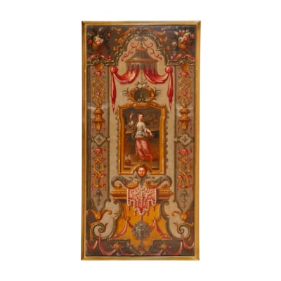 An exceptional set of 4 oils on canvas, the allegory of the 4 senses (the sight, the hearing, the smell, the taste) in an architectural decoration, with characters, animals, fruits and grotesques, Italy, early 18th century (with the frame : 171 cm high, 85 cm wide) (with the frame : 67 in. high, 33 in. wide)