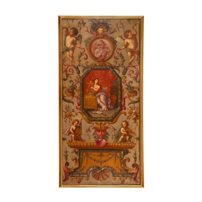An exceptional set of 4 oils on canvas, the allegory of the 4 senses (the sight, the hearing, the smell, the taste) in an architectural decoration, with characters, animals, fruits and grotesques, Italy, early 18th century (with the frame : 171 cm high, 85 cm wide) (with the frame : 67 in. high, 33 in. wide)
