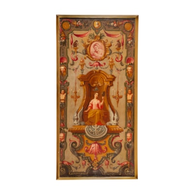 An exceptional set of 4 oils on canvas, the allegory of the 4 senses (the sight, the hearing, the smell, the taste) in an architectural decoration, with characters, animals, fruits and grotesques, Italy, early 18th century (with the frame : 171 cm high, 85 cm wide) (with the frame : 67 in. high, 33 in. wide)