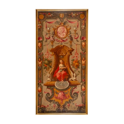 An exceptional set of 4 oils on canvas, the allegory of the 4 senses (the sight, the hearing, the smell, the taste) in an architectural decoration, with characters, animals, fruits and grotesques, Italy, early 18th century (with the frame : 171 cm high, 85 cm wide) (with the frame : 67 in. high, 33 in. wide)